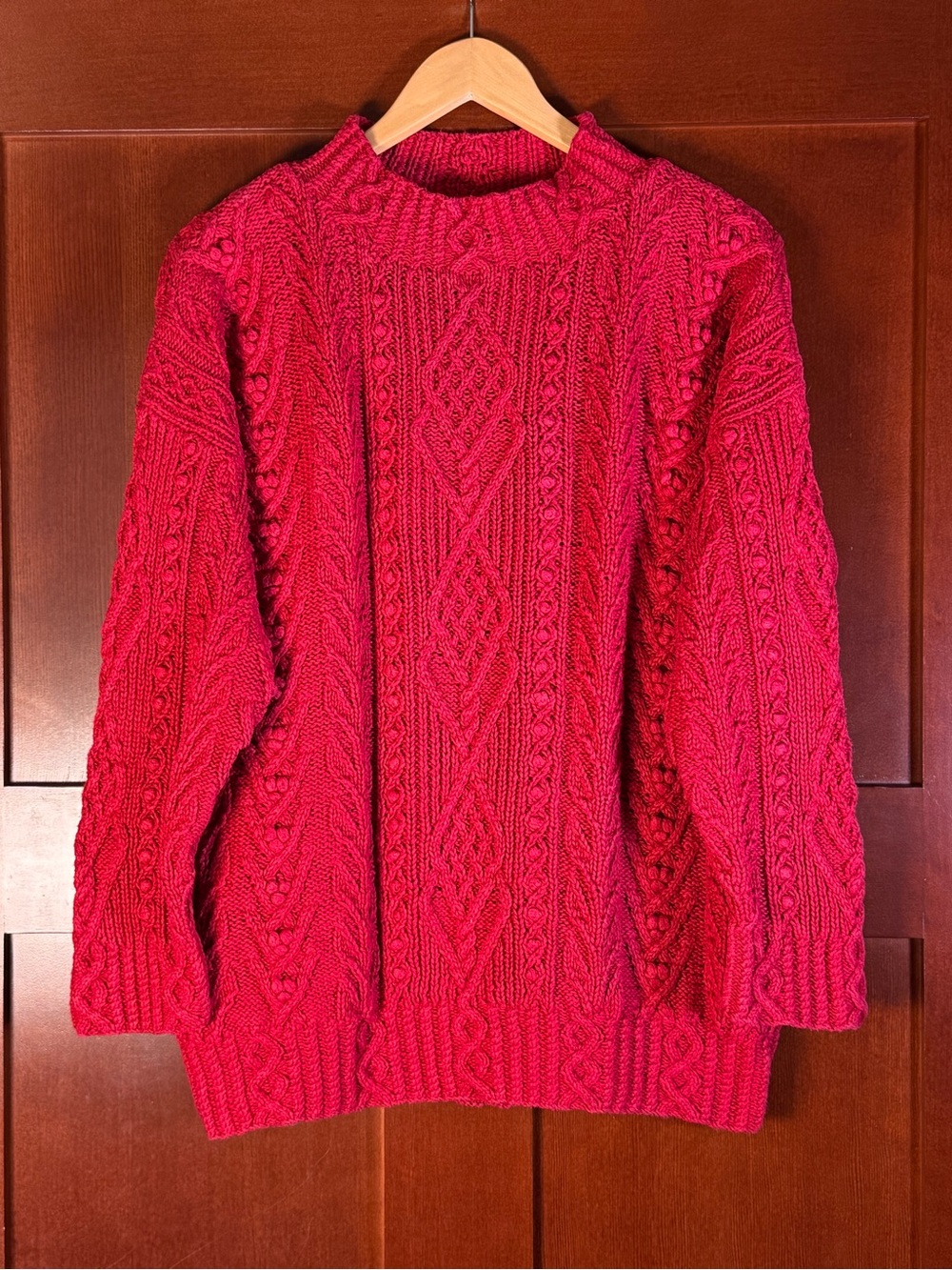 Hand Knit Cotton Cable Knit Sweater Red Chunky Aran Style L XL